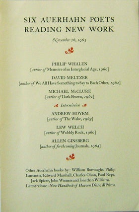 Item #007635 Six Auerhahn Poets Reading New Work. Philip Whalen, Lew, Welch, Andrew, Michael....