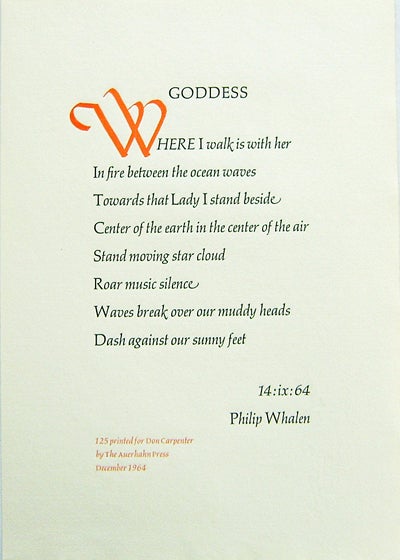 Item #008077 Goddess (Broadside Poem). Philip Whalen.
