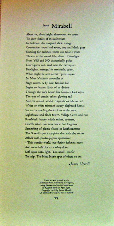 Item #008078 From Mirabell (Broadside Poem). James Merrill.