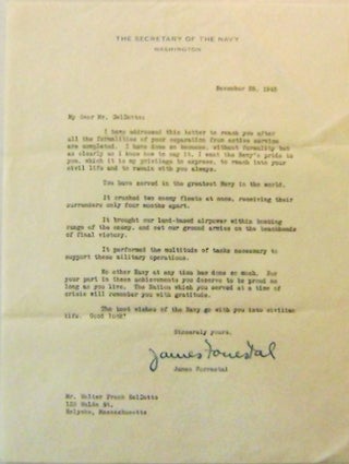 Item #10604 One Page Typed Letter Signed to Walter Frank DelDotto (T. L. S.). James Forrestal