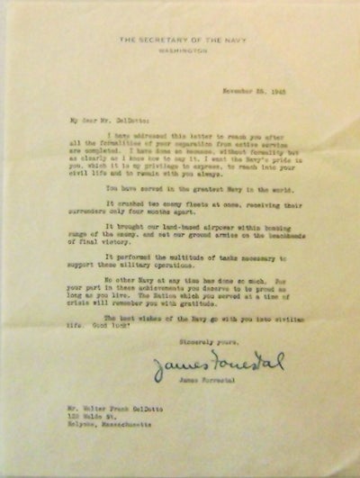 Item #10604 One Page Typed Letter Signed to Walter Frank DelDotto (T. L. S.). James Forrestal.