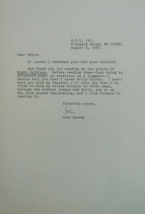 Item #10606 One Page Typed Letter Signed to Robie Macauley (T. L. S.). John Hersey.