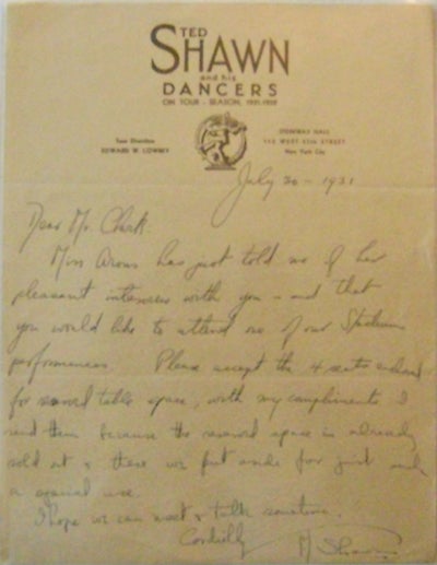 Item #10608 One Page Autographed Letter Signed (A.L.S.). Ted Shawn.