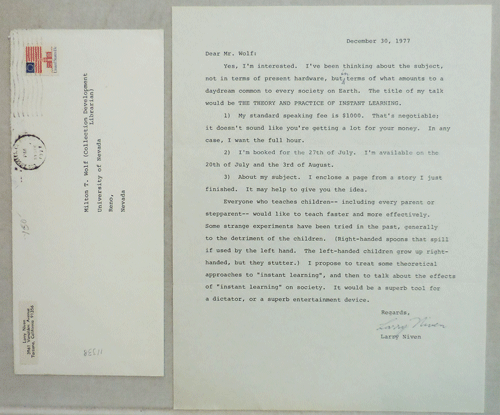 Item #11338 One Page Typed Signed Letter to Milton T. Wolf dated december 30, 1977. Larry Science Fiction - Niven.