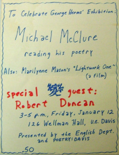Item #12689 Original Hand-Printed Exhibition Flyer. George Art - Herms, Michael McClure / Marilynne Mason / Robert Duncan.