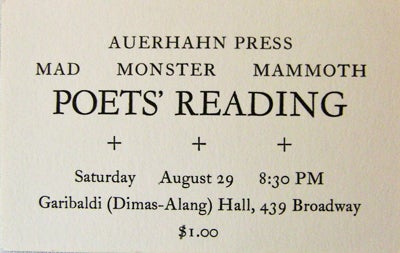 Item #12701 Announcement Card for the Auerhahn Press Mad Monster Mammoth Poet's Reading. Auerhahn Press.