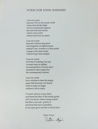 Item #13561 Poem For John Wieners (Signed Broadside). Peter Gizzi