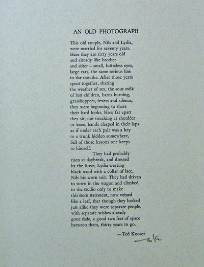 Item #13983 An Old Photograph (Signed Poetry Broadside). Ted Kooser.