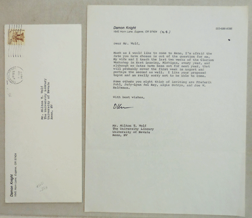 Item #13997 One Page Typed Letter Signed to Milton T. Wolf. Damon Science Fiction - Knight.