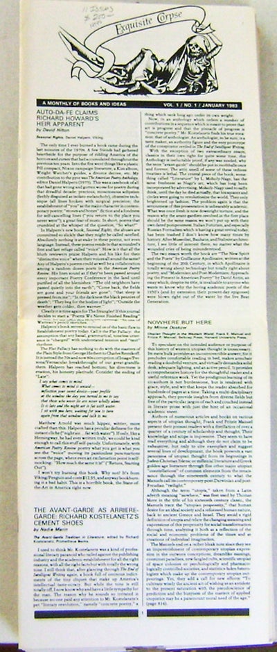 Item #14940 Exquisite Corpse A Monthly Of Books And Ideas - 11 Issues (Volume 1 Number 1, 2, 4, 5, 7, 8-9, 12, Volume 2 Number 1, 3-4, 5-7, and 8-11. Andrei Codrescu, Lawrence Markert, Carl Solomon John Cage, Maureen Owen, Benjamin Peret, Dick Gallup, Fielding Dawson, William Levy, Richard Kostelanetz, Barry Gifford, Anne Waldman Sandy Berrigan, James Laughlin, Carl Rakosi, Ira Cohen, Lawrence Ferlinghetti, Robert Creeley, Keith Abbot, Edouard Roditi.