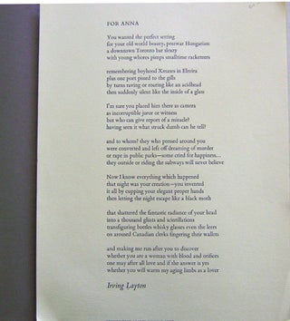 Item #16419 For Anna (Broadside Poem). Irving Layton