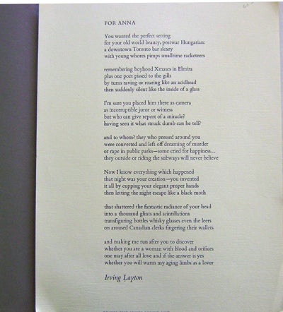 Item #16419 For Anna (Broadside Poem). Irving Layton.