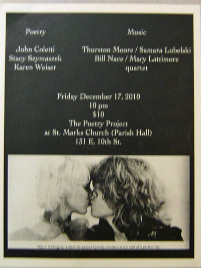 Item #17464 Announcement Flyer for an eveneing of poetry and music at St. Marks Church Friday, December 17, 2010. John / Szymaszek Flyer - Coletti, Mary, Bill / Lattimore, Samara / Nace, Thurston / Lubelski, Karen / Moore, Stacy / Weiser.