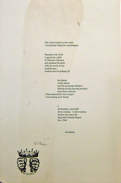 Item #18095 Signed Broadside Poem (The Vomit...). Ed Sanders.