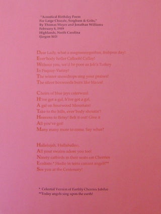 Item #19049 Acrostical Birthday Poem For Large Chorale, Sorghum & Grits (Broadside Poem)....