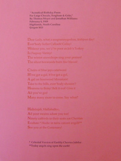 Item #19049 Acrostical Birthday Poem For Large Chorale, Sorghum & Grits (Broadside Poem). Jonathan Williams, Thomas Meyer.