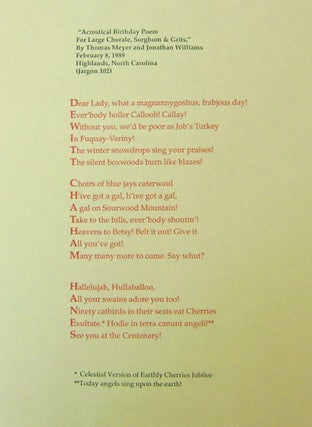 Item #19050 Acrostical Birthday Poem For Large Chorale, Sorghum & Grits (Broadside Poem)....