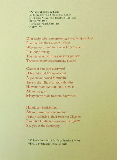 Item #19050 Acrostical Birthday Poem For Large Chorale, Sorghum & Grits (Broadside Poem). Jonathan Williams, Thomas Meyer.