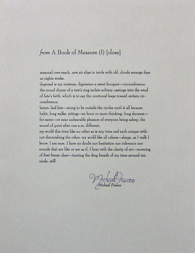 Item #19348 from A Book of Measure (I) [close] (Signed Broadside). Michael Franco.