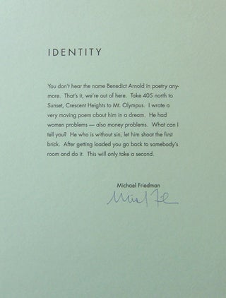 Item #19349 Identity (Signed Broadside). Michael Friedman