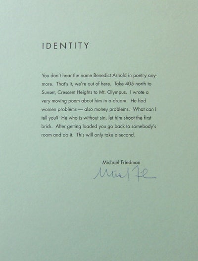 Item #19349 Identity (Signed Broadside). Michael Friedman.