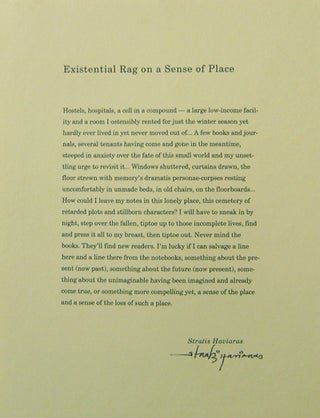 Item #19356 Existential Rag on a Sense of Place (Signed Broadside). Stratis Haviaras