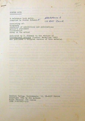 Item #19432 Dieter Roth A Reference Book Entry. Dieter Art Reference - Schwarz, Compiler, Dieter...