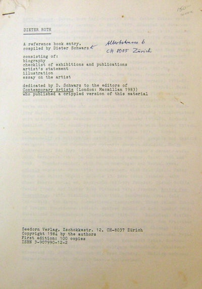 Item #19432 Dieter Roth A Reference Book Entry. Dieter Art Reference - Schwarz, Compiler, Dieter Roth.