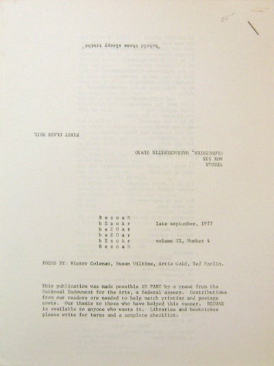 Item #19623 Bezoar (Late September, 1977 Volume IX, Number 4). Victoe Coleman, Artie, Gold, Susan, Wilkins, Ted Enslin.