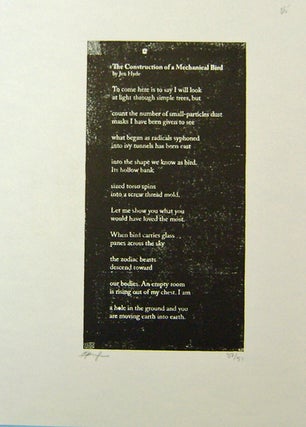 Item #19842 The Construction of a Mechanical Bird (Signed Poetry Broadside). Jen Hyde
