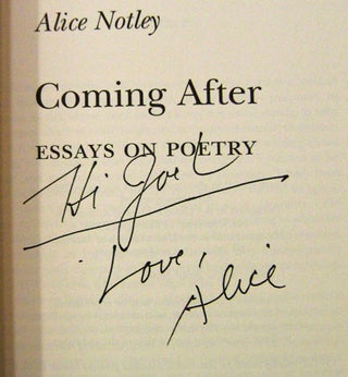 Coming After; Essays on Poetry (Inscribed)