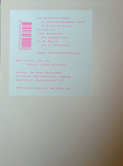 Item #20540 An Annotated Index to the Photographic Work of Diane Kingsley by Tan Lin with Anecdotes and Emendations by M. Moore and E. Dickinson. Photography / Artist Book - Tan Lin, Diana Kingsley.