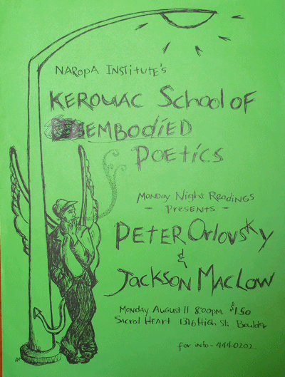 Item #21069 Poetry Reading Poster - Naropa Institute. Peter Orlovsky, Jackson Mac Low.