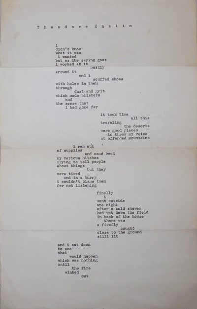 Item #21775 Untitled Poetry Broadside ( i didn't know what it was ....). Theodore Enslin.