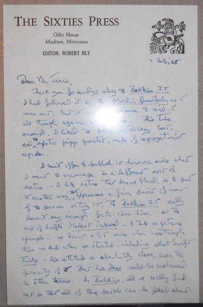 Item #22117 Handwritten Letter to fellow poet Lewis Turco. Robert Bly.