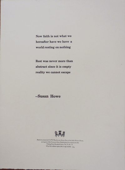 Item #22369 Untitled Broadside Poem (Now faith is not what we...). Susan Howe.