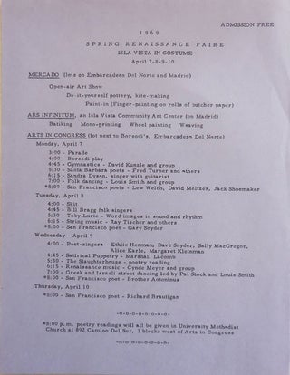 Item #22907 1969 Spring Renaissance Faire Isla Vista In Costume (Announcement Flyer). Lew Welch...