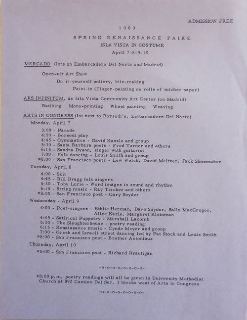 Item #22907 1969 Spring Renaissance Faire Isla Vista In Costume (Announcement Flyer). Lew Welch Flyer - Richard Brautigan, David Meltzer, Gary Snyder, Brother Antoninus.