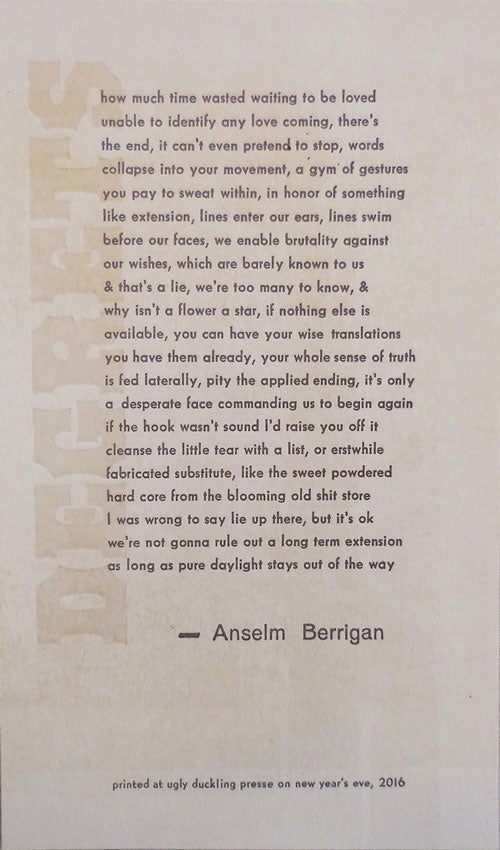 Item #23160 Degrets (Broadside Poem). Anselm Berrigan.