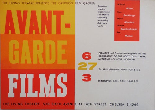 Item #23170 The Living Theatre Presents The Gryphon Film Group: Avant-Garde Films (Offset Poster). Living Theatre - Willard Maas / Stan Brakhage / Marie Menken / Charles Boultenhouse / Ben Moore.