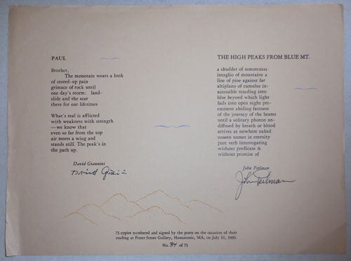 Item #23954 Poetry Broadside - Paul by Giannini and The High Peaks From Blue Mt. by Perlman (Signed by Both). David Giannini, John Perlman.