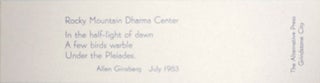 Item #24141 Rocky Mountain Dharma Center (Poetry Bookmark). Allen Beats - Ginsberg