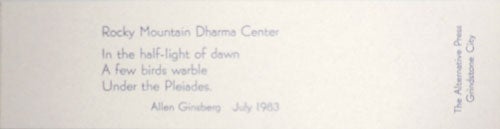Item #24141 Rocky Mountain Dharma Center (Poetry Bookmark). Allen Beats - Ginsberg.