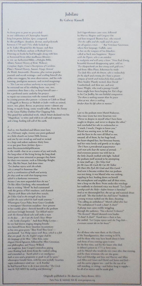 Item #24380 Jubilate (Broadside Poem). Galway Kinnell.