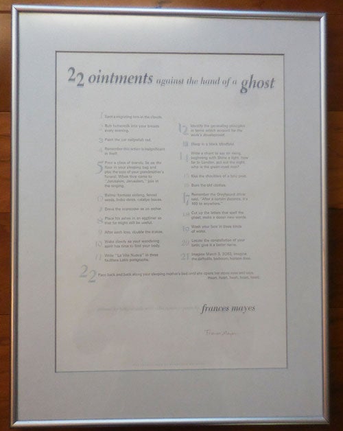 Item #24590 22 ointments against the hand of a ghost (Signed Broadside Poem). Frances Mayes.