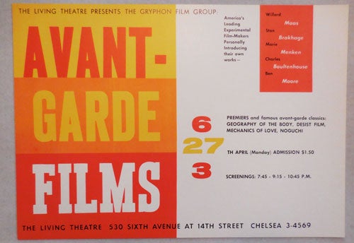 Item #24702 The Living Theatre Presents The Gryphon Film Group: Avant-Garde Films (Offset Poster). Living Theatre - Willard Maas / Stan Brakhage / Marie Menken / Charles Boultenhouse / Ben Moore.