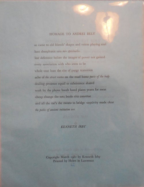 Item #24845 Homage To Andrei Bely (Broadside Poem). Kenneth Irby.