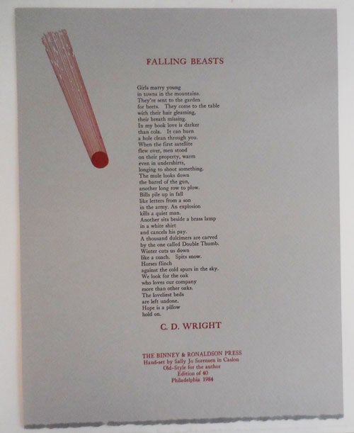 Item #26941 Falling Beasts (Broadside Poem). C. D. Wright.