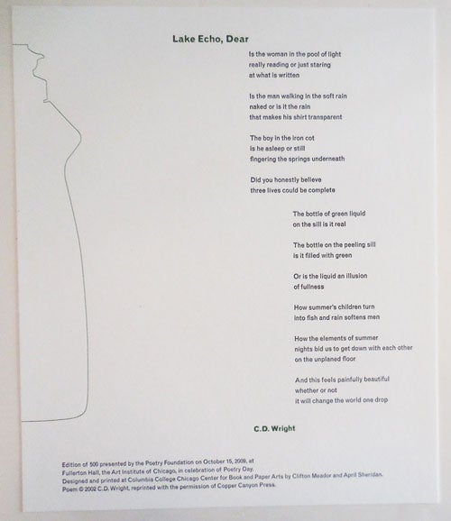 Item #26943 Lake Echo, Dear ( Broadside Poem). C. D. Wright.