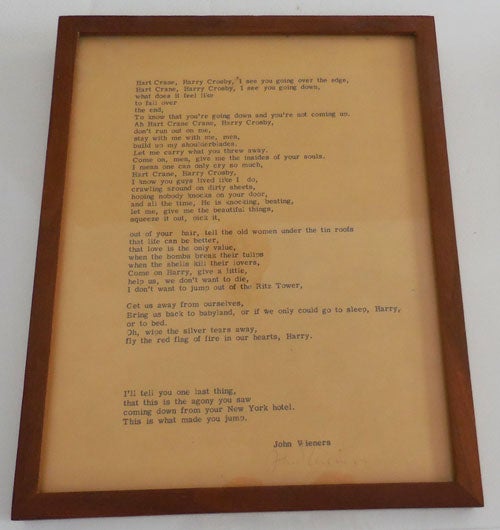 Item #26997 Free Poems Among Friends #10 (Hart Crane, Harry Crosby, I see you are going over the edge,...) (Signed Broadside). John Wieners.